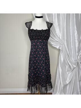 Vintage Y2K Cynthia Steffe Ruffle Milkmaid Midi Dress Size 8 Black Floral Print